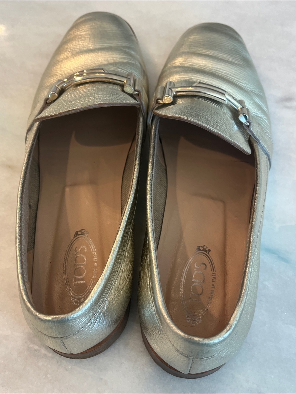 Tod's Silver Metallic Leather Bit Double T Loafers Women's Size 9.5 - Picture 5 of 11